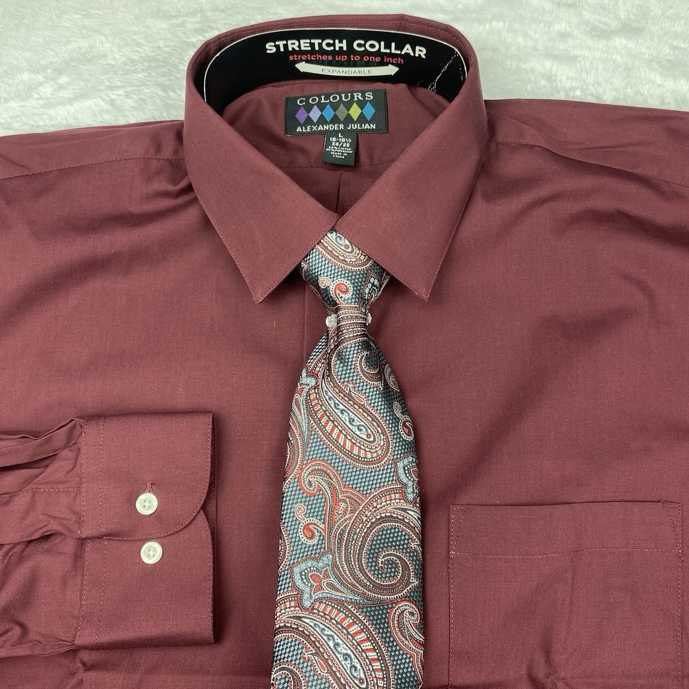 Alexander Julian Colours Men's 16.5-34/35 Dress Shirt with Tie Burgundy Regular